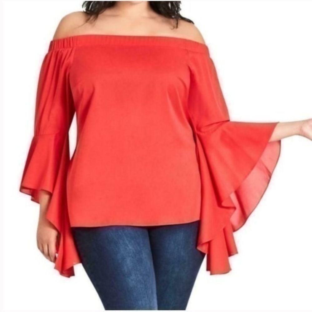City Chic Blouse Burgundy Off-The-Shoulder Bell Sleeve